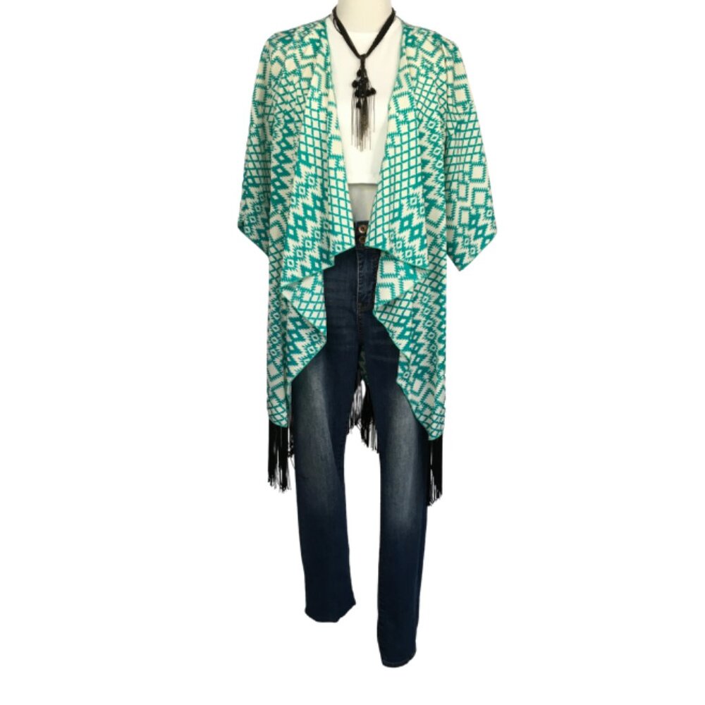 LuLaRoe Monroe Kimono – Turquoise Tribal with Fringe